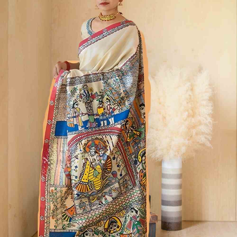Tussar Saree with Madhubani Bride, Doli, and Kaahar Painting